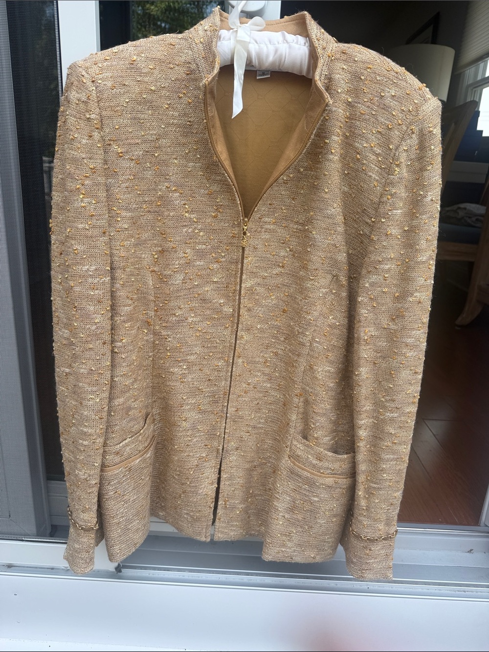 Womens Gold-Tone Zip Front Tweed Jacket